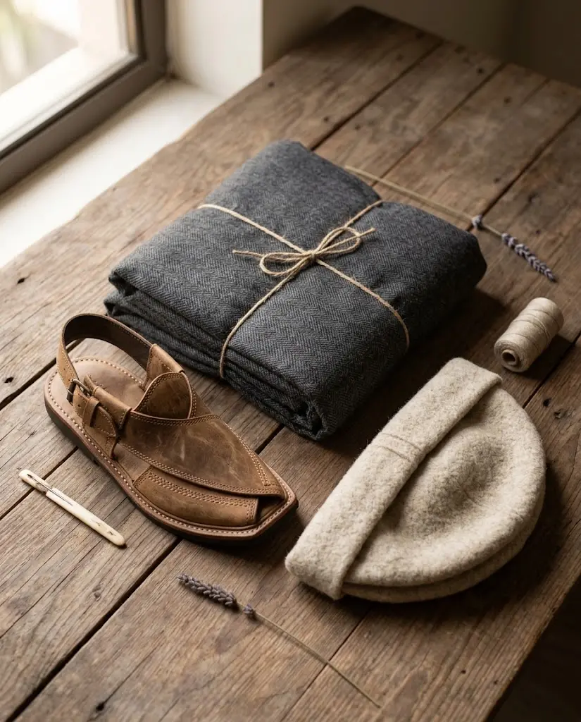 Folded handcrafted fashion items arranged for a buying guide