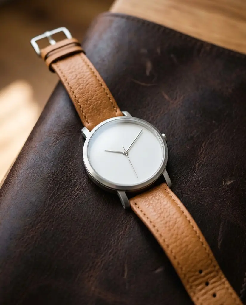 A minimal wristwatch placed on a leather surface