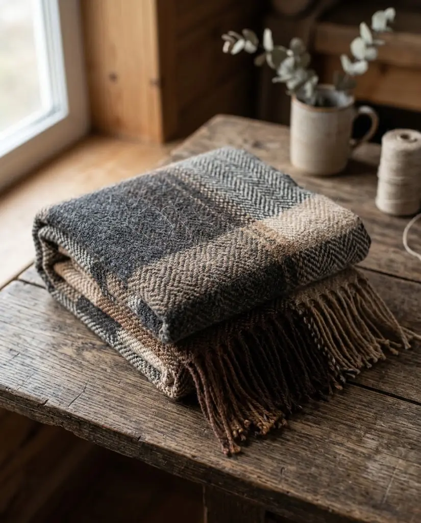 A folded woolen shawl with visible weave texture