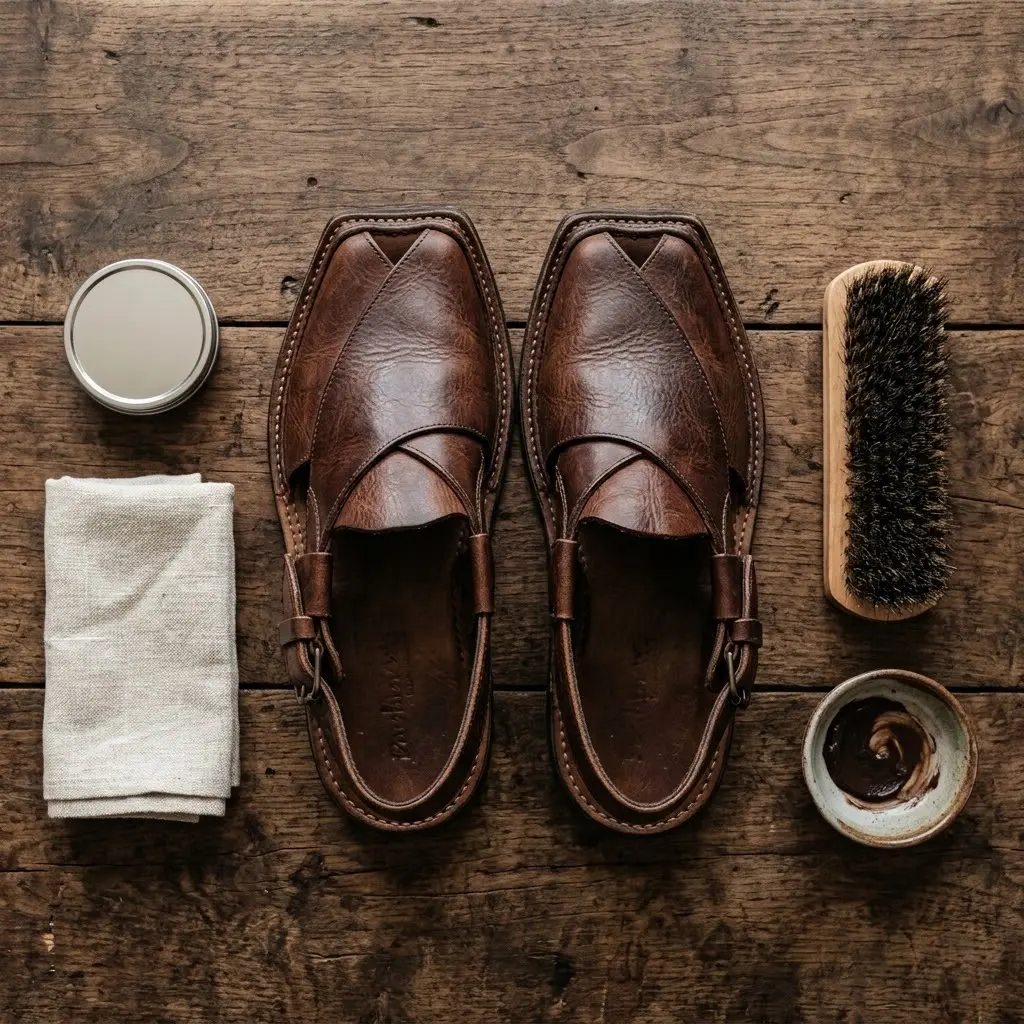 Close-up of leather care tools next to a pair of chappals