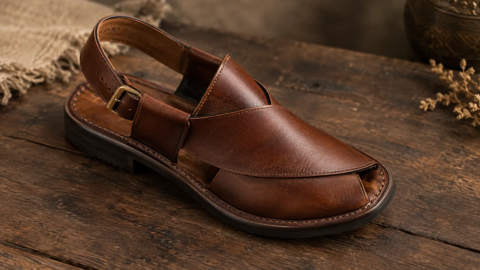 A pair of handcrafted Peshawari chappals resting on a wooden surface