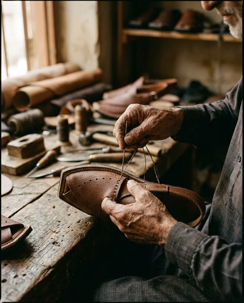 An artisan hand-stitching a leather chappal in a workshop