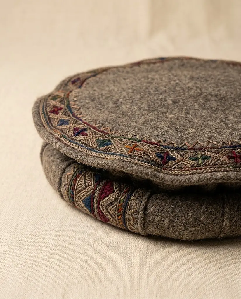 A hand-embroidered Chitrali cap on a plain background