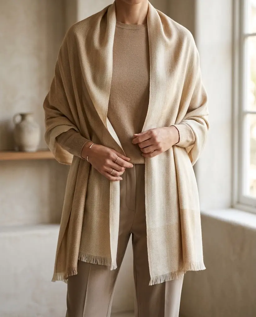 A pashmina shawl styled over a plain outfit